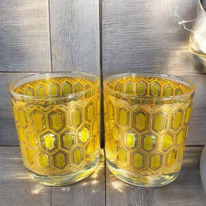 West Virginia Glass Madrid Gold Embossed Hexagon Old Fashioned Glasses Set 2 Cup